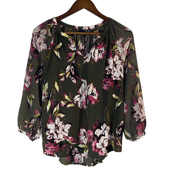 Kaari Blue Tops - Kaari Blue Floral v-neck Blouse‎ Women's XS Olive Green Long Sleeve Lightweight